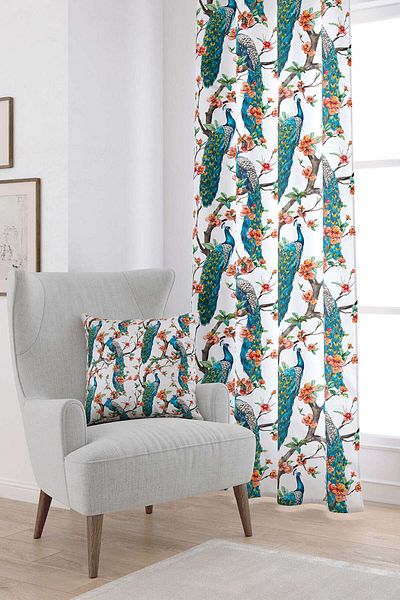 Cango Home Turquoise Orange Peacock Patterned Digital Printed Curtain Cgh016-pr
