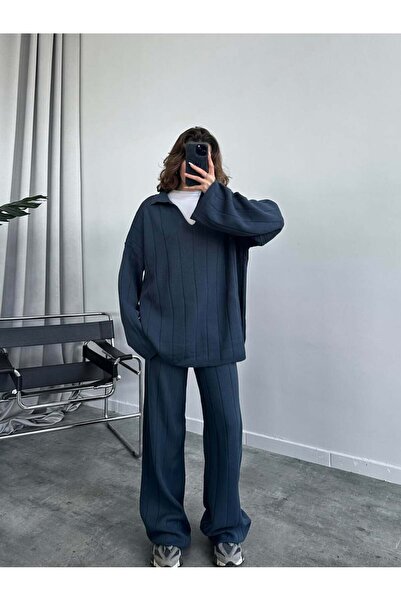 My Blog Kék Freya póló nyakú bordás kötöttáru szett - 5022