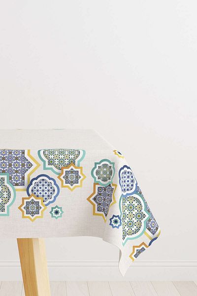 Cango Home Cream Blue Ramzan Themed Decorative Patterned Digital Printed Tablecloth Cgh1282-ms