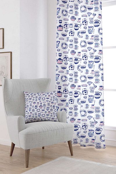 Cango Home White Blue Tile Patterned Digital Printed Curtain Cgh595-pr