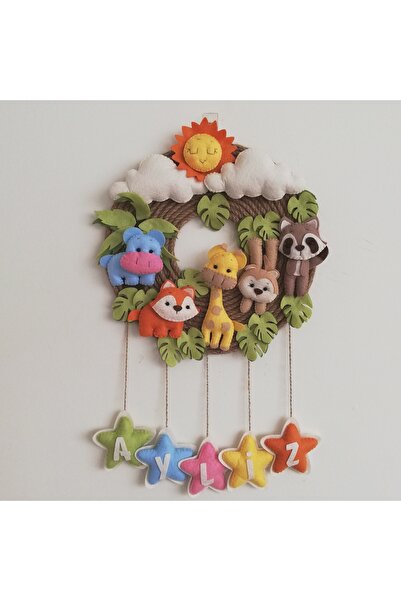 Keçevi Safari Temalı Hasır Ip Detaylı Kız Bebek Kapı Süsü-isme Özel