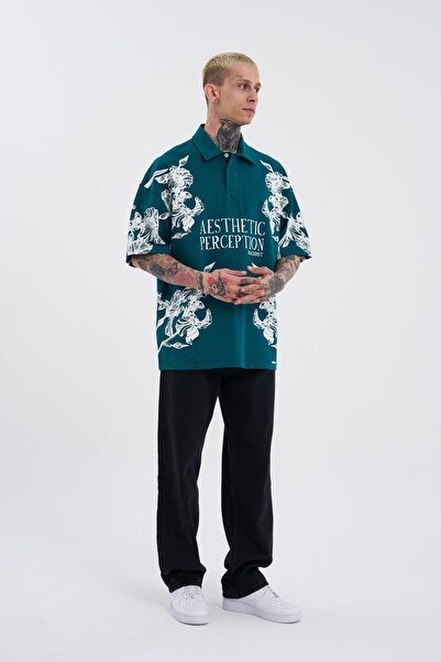 Machinist Petrol Green Polo Neck Men's T-Shirt - Aesthetic Flower Printed