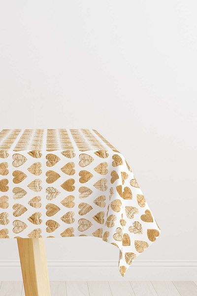 Cango Home White Gold Heart Patterned Digital Printed Tablecloth Cgh1038-ms