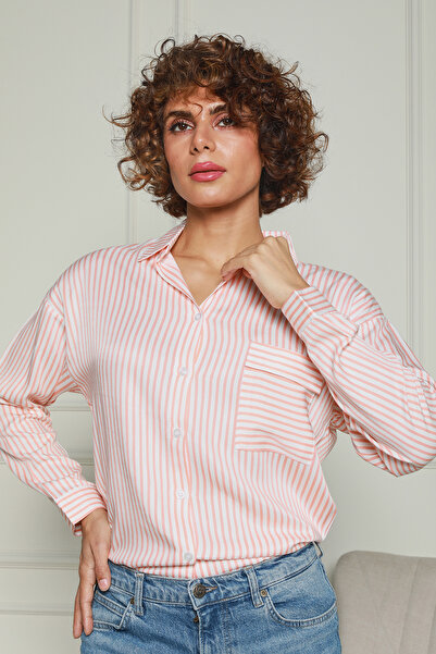 Butik Somon Çizgili Viskon Gömlek 1500065