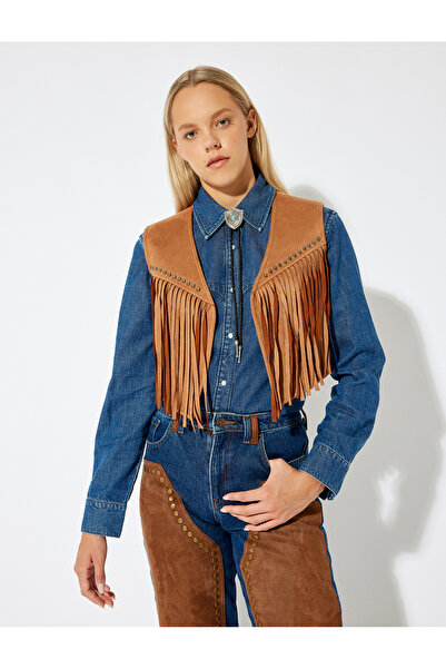 Koton V-Neck Tasseled Metal Bead Detailed Suede Look Sleeveless Vest