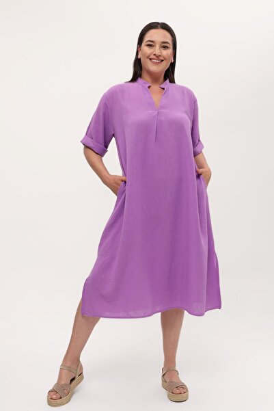 Ebsumu Γυναικείο Μωβ Φόρεμα με Σκίσιμο Λινό