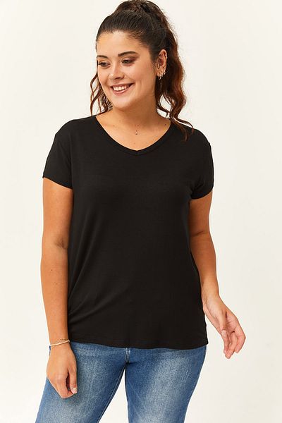 Ebsumu V-Neck Short Sleeve Women's Black T-Shirt - Plus Size