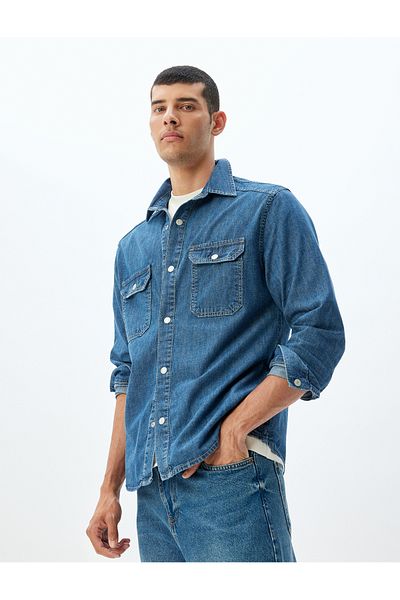 Koton Jachetă cămașă din denim cu mânecă lungă din bumbac - Detaliu buzunar cu clapă
