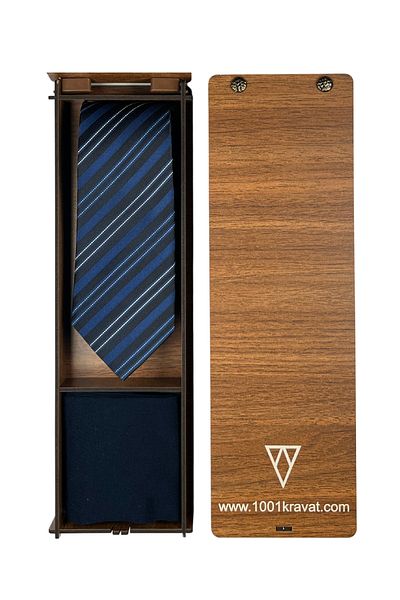 1001 Kravat Men's Gift Set with Navy Blue Silk Tie and Bamboo Socks and Wooden Box