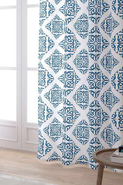 Cango Home White Blue Modern Ethnic Tile Patterned Digital Printed Curtain Cgh563-pr