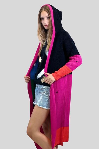 Miss Poem Kadın Renkli Kapüşonlu Yırtıklı Uzun Bol Tesettür Triko Hırka