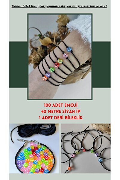 Esey Dizayn 100 Adet Emoji + 40 Metre ip + Deri Bileklik - Kendi Bilekliğini ...