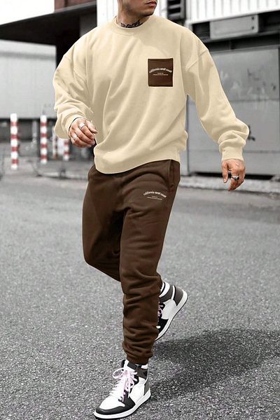 Know Herren-Trainingsanzug-Set mit 3 Fäden in Beige, Kaffeetasche, Kalifornien, bedruckt, unten oben