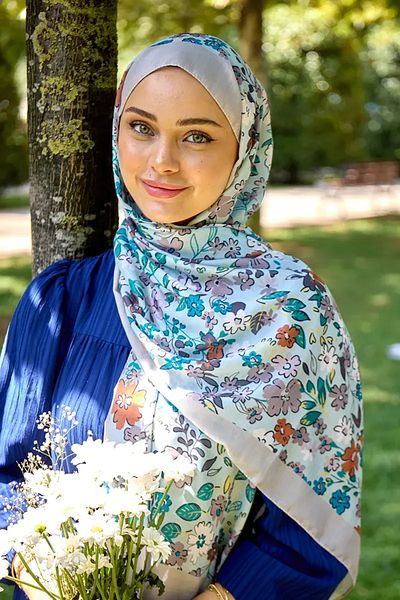 Madame Polo Colecția Seremony Șal cu Model Flora - Albastru Deschis