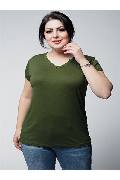 Ebsumu Large Size V-Neck Khaki T-Shirt - Short Sleeve Basic Model