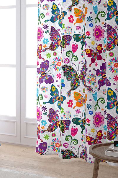 Cango Home White Multicolored Butterfly Patterned Digital Printed Curtain Otyk546-pr