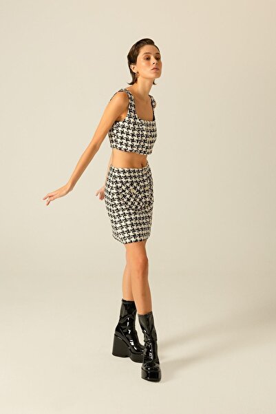 rue Блузка з квадратним коміром, з ґудзиками, з твіту, екрю