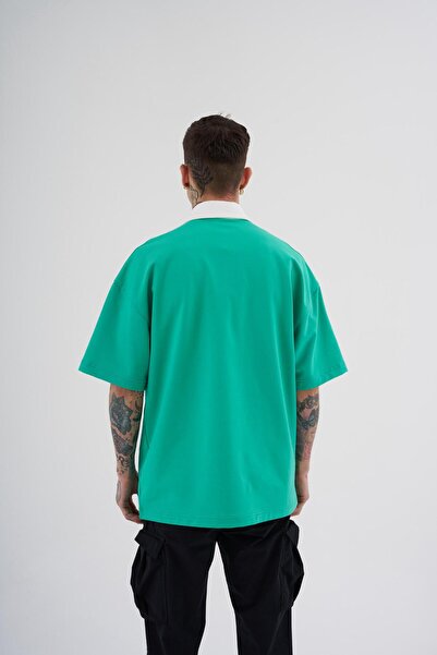 Machinist Men's Basic Oversize Green Ecru Polo Collar T-shirt