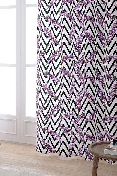 Cango Home Alb Negru Dungi Violet Floral Imprimat Digital Cortina Cgh228-pr