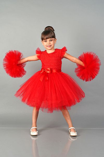 Mixie Red Pompom Sleeves Tulle Girls' Evening Dress Party Dress