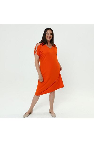 Ebsumu Plus Size Orange Ring Detailed Shoulder and Back Dress