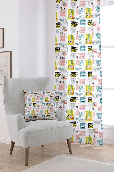 Cango Home White Multicolor Decorative Cup Patterned Digital Printed Curtain Cgh608-pr