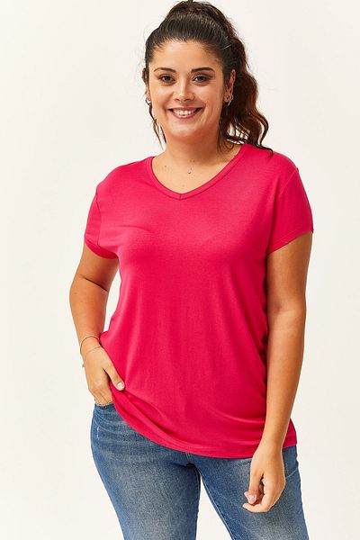 Ebsumu Plus Size V-Neck Pink Basic T-Shirt - Short Sleeve