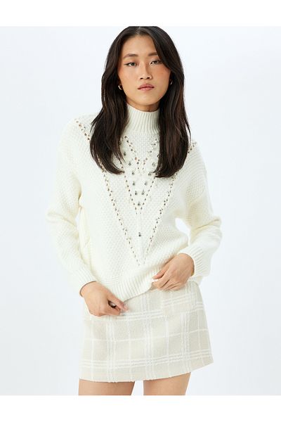 Koton Long Sleeve Openwork Stand Collar Stone Knit Sweater