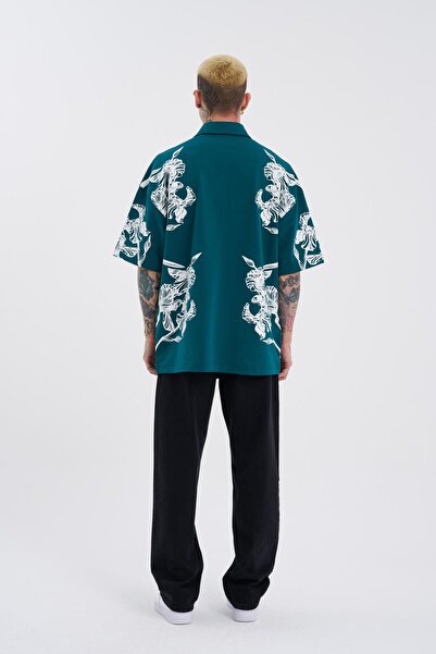 Machinist Petrol Green Polo Neck Men's T-Shirt - Aesthetic Flower Printed