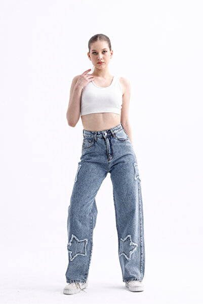 pass&pass 2424 Pantaloni de blugi largi cu detalii stea pentru femei