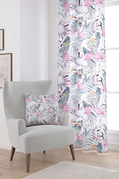 Cango Home White Pink Tropical Flamingo Patterned Digital Printed Curtain Otyk610-pr