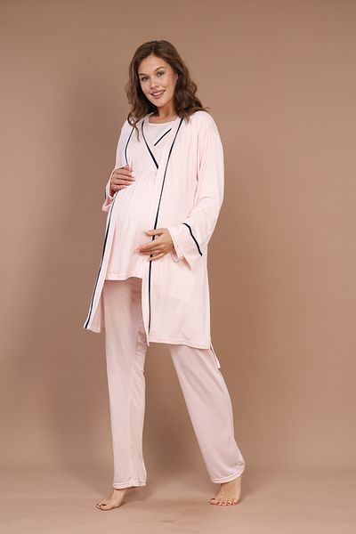 BEYVİP Women's Pink Winter Design 100% Cotton Maternity Maternity Dressing Gown Pajama Set Set