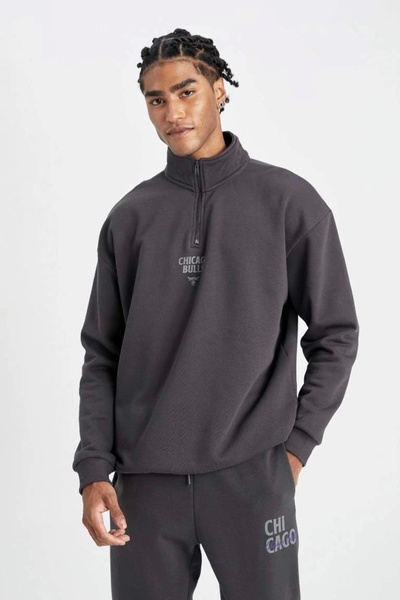 DeFacto C9261 Fit Nba Chicago Bulls Oversize Fit Dik Yaka Fermuarlı Kalın Sweatshirt