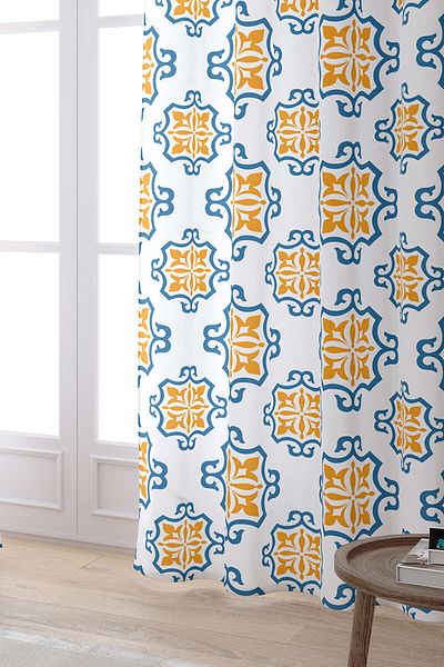 Cango Home White Blue Modern Ethnic Tile Patterned Digital Printed Curtain Cgh578-pr