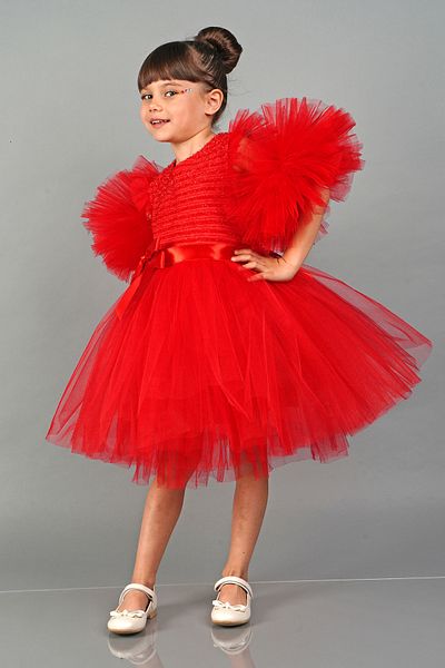 Mixie Red Pompom Sleeves Tulle Girls' Evening Dress Party Dress