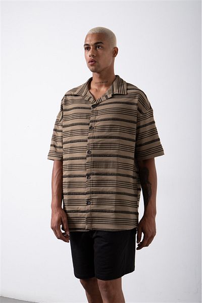 Machinist Ανδρικό ριγέ κοντομάνικο πουκάμισο Oversize Olive-μαύρο