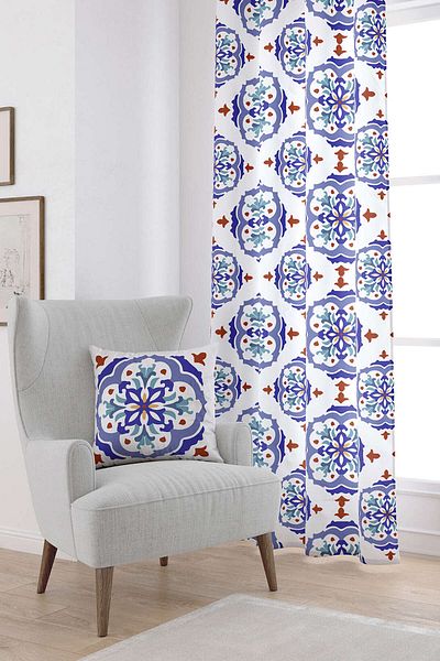 Cango Home White Blue Modern Ethnic Tile Patterned Digital Printed Curtain Cgh574-pr