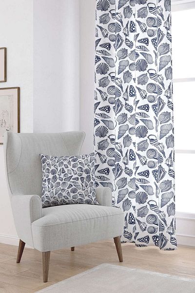 Cango Home White Navy Blue Marine Patterned Digital Printed Curtain Otyk816-pr