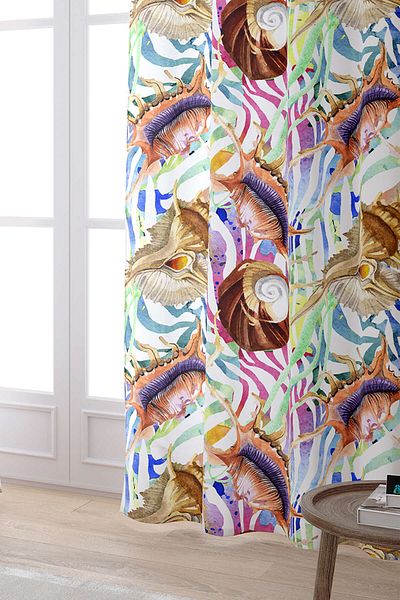 Cango Home White Multicolored Marine Patterned Digital Printed Curtain Otyk758-pr