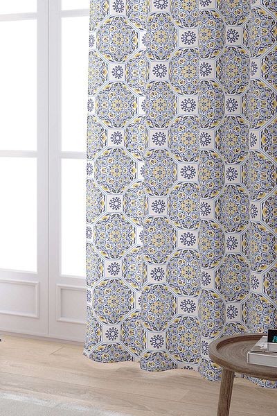 Cango Home Navy Blue Yellow Retro Vintage Patterned Digital Printed Curtain Otyk031-pr