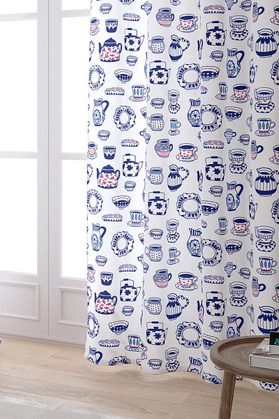 Cango Home White Blue Tile Patterned Digital Printed Curtain Cgh595-pr