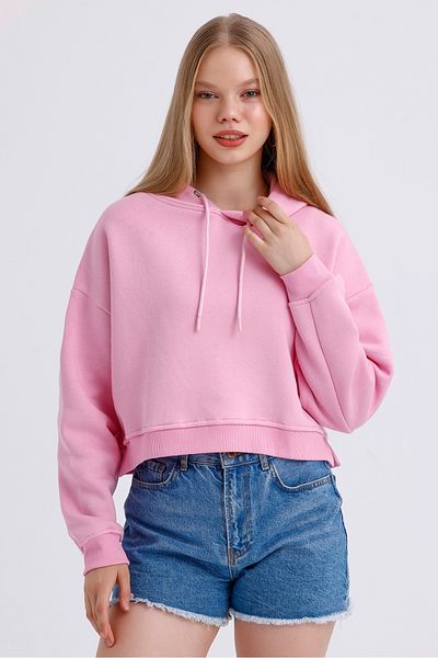 MD trend Hanorac crop de bază cu glugă, cu fante, cu fleece în interior