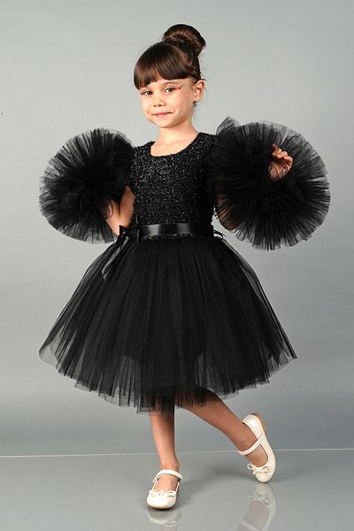 Mixie Black Pompom Sleeves Tulle Girls' Evening Dress Party Dress