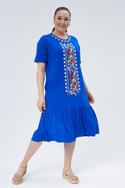 Ebsumu Broderie florală colorată - Rochie plisată lungă, albastră, de damă, mărime Plus