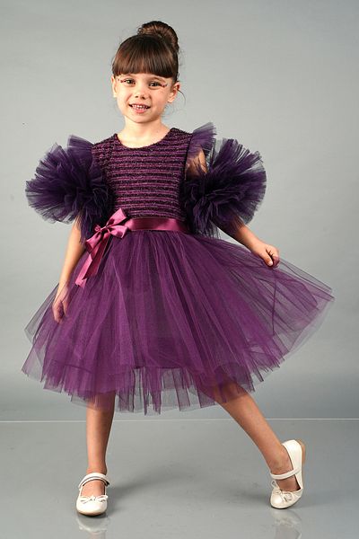 Mixie Purple Pompom Sleeves Tulle Girls' Evening Dress Party Dress