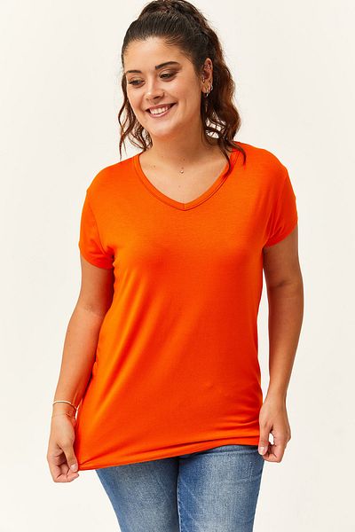 Ebsumu Plus Size V-Neck Orange Basic T-Shirt - Short Sleeve