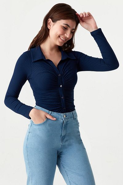 Select Moda Women's Navy Blue Front Drawstring Detailed Ribbed Bottom Snap Bodysuit