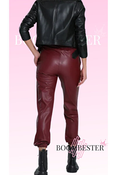 BoomBester Women's Raised (Fleece) Leather Jogger Pants-Lace-Up Waist Elastic Leather Pants