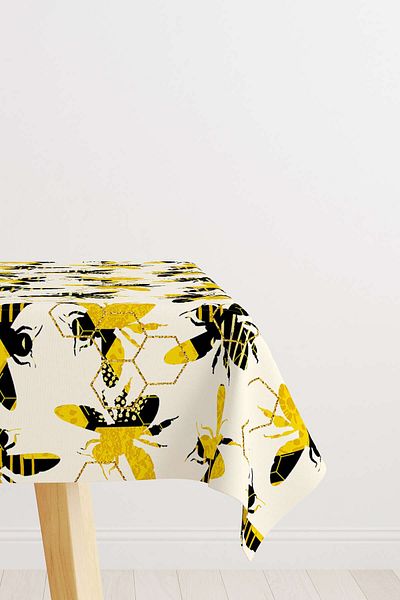 Cango Home Yellow Black Bee Honeycomb Patterned Digital Printed Tablecloth Cgh1194-ms