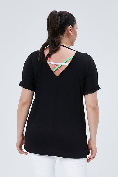 Ebsumu Plus Size Black Blouse - Back Cross Rope Detail and Printed